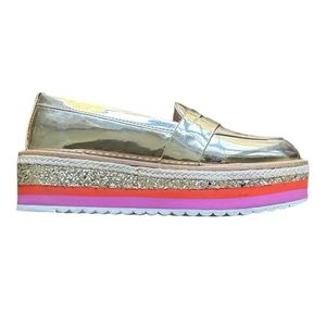 Aldo Metallic Gold Platform Loafers with Pink & Orange Accent